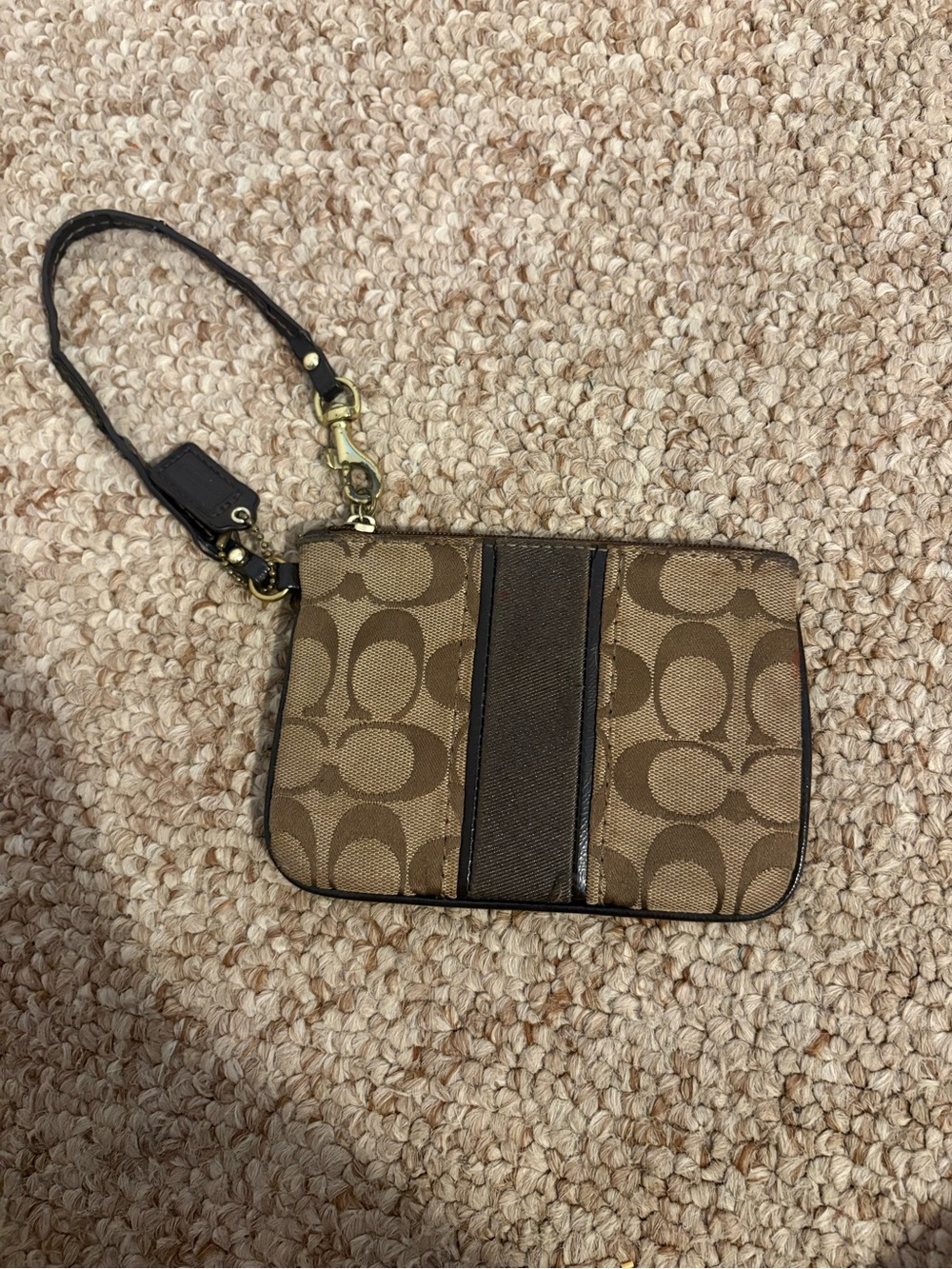 Coach Brown Signature Canvas Wristlet with Dark Brown Trim